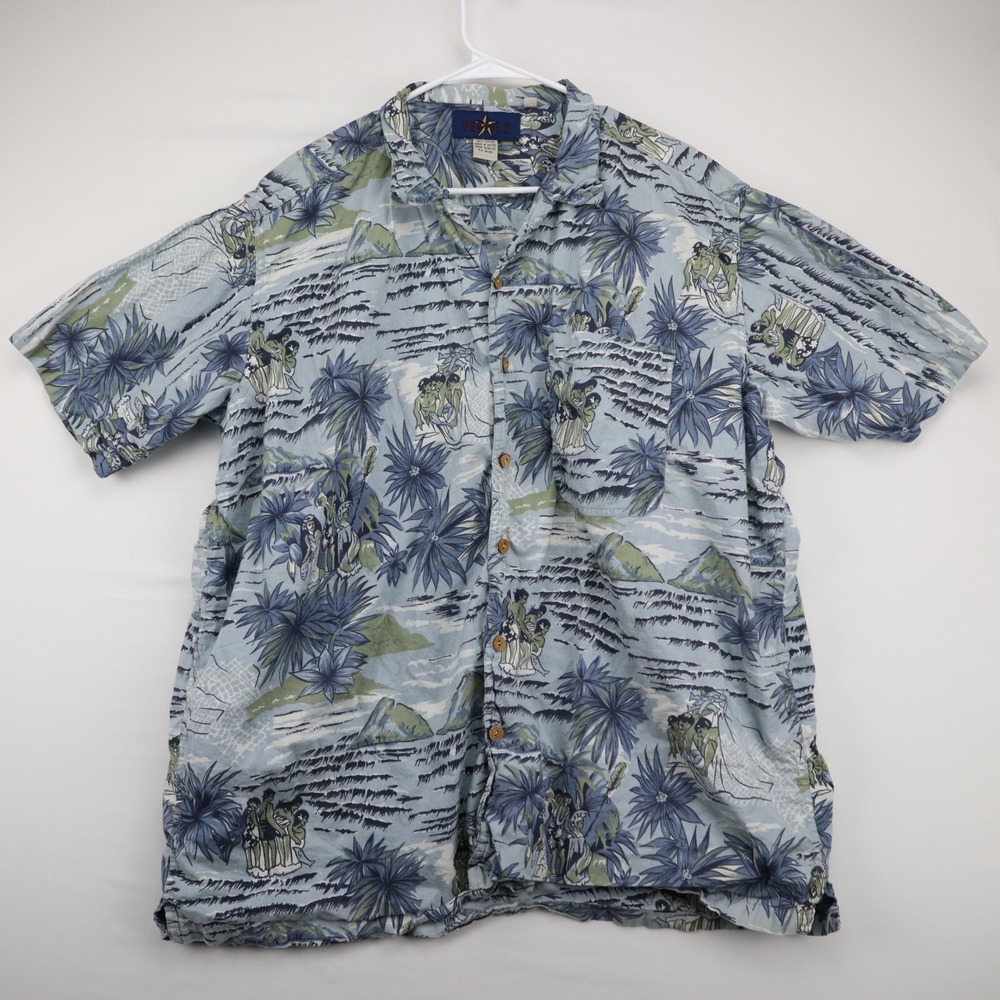 Profile Blue Hawaii Hawaiian Shirt Mens 2XL Blue Floral Cotton Button Up Shirt